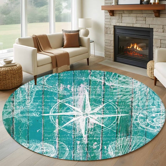Summer Coastal Round Area Rug 6Ft Washable Circle Rugs for Bathroom Office, Ocean Compass Starfish Shell Conch Blue Green Non-Slip Carpet Floor Mats Indoor Outdoor Carpet Runner Aesthetic Home Decor