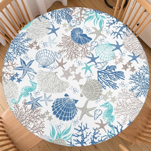 Summer Coastal Round Fitted Tablecloth with Elastic Edge 40-44 Inch Nautical Coral Table Cover Washable Starfish Seashell Sea Horse Table Cloth for Kitchen Dining Decor