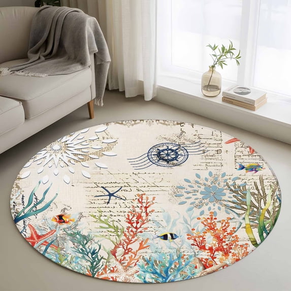 Summer Coastal Round Living Room Rugs 3.3 ft, Ocean Coral Seaweed Washable Area Rug with Non-Slip Sturdy Edge Binding Round Front Door Mat Floor Carpet for Entryway