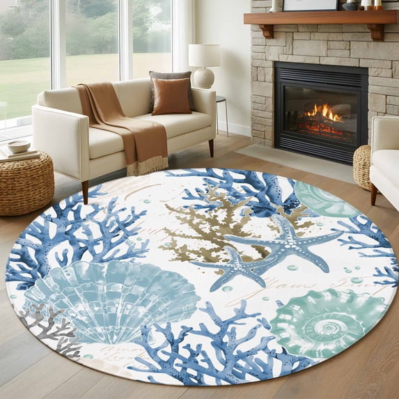 Summer Coastal Round Living Room Rugs 5 ft, Starfish Shell Coral Washable Area Rug with Non-Slip Sturdy Edge Binding Round Carpet for Entryway Kitchen Bedroom Bathroom