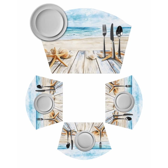 Summer Coastal Round Placemats Set of 2, Watercolor Ocean Waves Seaside Starfish Placemats for Round Dining Table Shape Wedge Placemats for Outdoor Indoor Wipeable Clean Table Place Mats