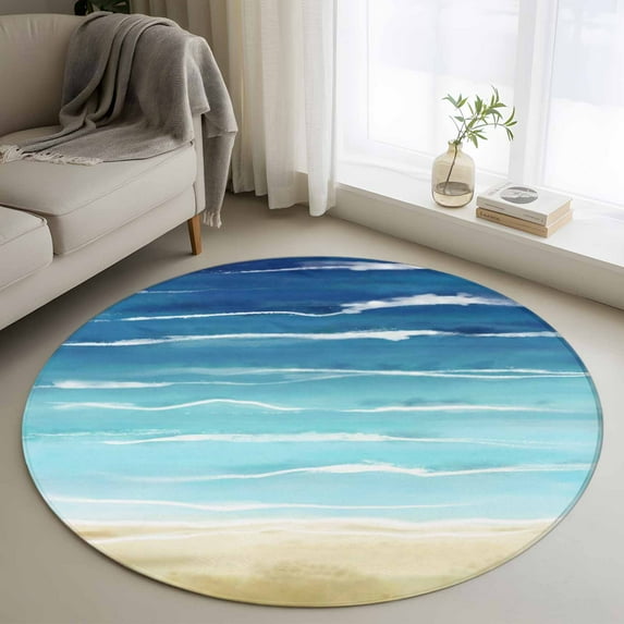 Summer Coastal Round Rugs 3.3ft, Turquoise Ombre Beach Ocean Waves Non Slip Washable Rug Runner, Low Pile Indoor Floor Carpet Mat Bathroom Rugs for Living Room, Bedroom, Kids Room