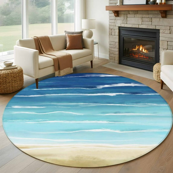 Summer Coastal Round Rugs 7ft, Turquoise Ombre Beach Ocean Waves Non Slip Washable Rug Runner, Low Pile Indoor Floor Carpet Mat Bathroom Rugs for Living Room, Bedroom, Kids Room