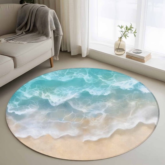 Summer Coastal Round Rugs for Living Room 3ft Teal Beach Ocean Wave Non Slip Circle Rug Washable Low-Profile Indoor Carpet for Bedroom, Dining Room, Bathroom