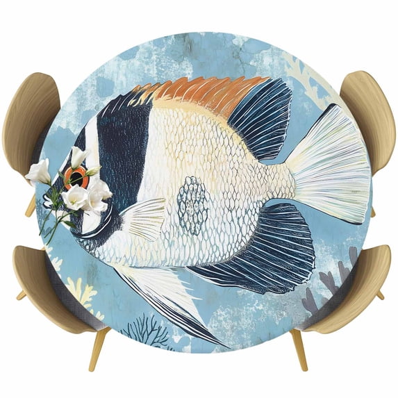 Summer Coastal Round Tablecloth 45-54 Inch Round Fitted Table Cloth with Elastic Edge, Vintage Ocean Watercolor Fish Coral Waterproof Table Cover Protector for Outdoor Picnic Party Dining