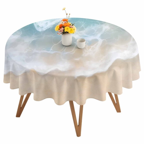 Summer Coastal Round Tablecloth 54 inches Teal Beach Ocean Wave Waterproof Oil-Proof Table Cloth Round Table Cover for Holiday Party Picnic Dinner Decor Indoor and Outdoor Use