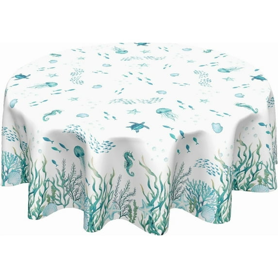 Summer Coastal Round Tablecloth 60 Inch Nautical Sea Turtle Seaweed Jellyfish Polyester Table Cloth Rustic Farmhouse Beach Theme Table Cover for Kitchen Dinner Party Decor
