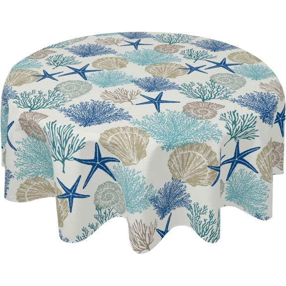 Summer Coastal Round Tablecloth 70 Inch, Nautical Beach Theme Washable Polyester Table Cover for Home Kitchen Party Dinner Decor, Blue