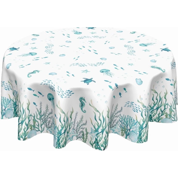 Summer Coastal Round Tablecloth 70 Inch Nautical Sea Turtle Seaweed Jellyfish Polyester Table Cloth Rustic Farmhouse Beach Theme Table Cover for Kitchen Dinner Party Decor