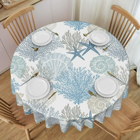 Summer Coastal Round Tablecloths 60 Inch Blue Ocean Starfish Seashell Table Cloth Wipeable Table Cover Protector Beach Coral Table Covers for Party, Kitchen, Picnic, Dinning, Weddings