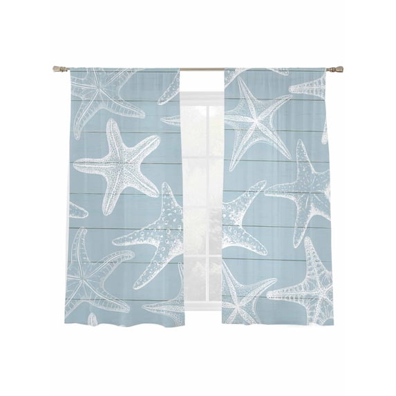 Summer Coastal Sheer Curtains 2 Panels Set Nautical Abstract Starfish Ocean Marine Life Sheer Window Curtains Light Filtering Rod Pocket Voile Drapes for Bedroom Living Room 52"X72"