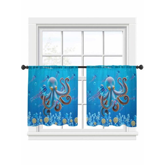 Summer Coastal Sheer Curtains 45 Inch Long 2 Panels, Ocean Blue Octopus Jellyfish Nautical Coral Bubble Light Filtering Rod Pocket Curtains, Sheer Voile Drapes for Living Room Bedroom, 52"x45"