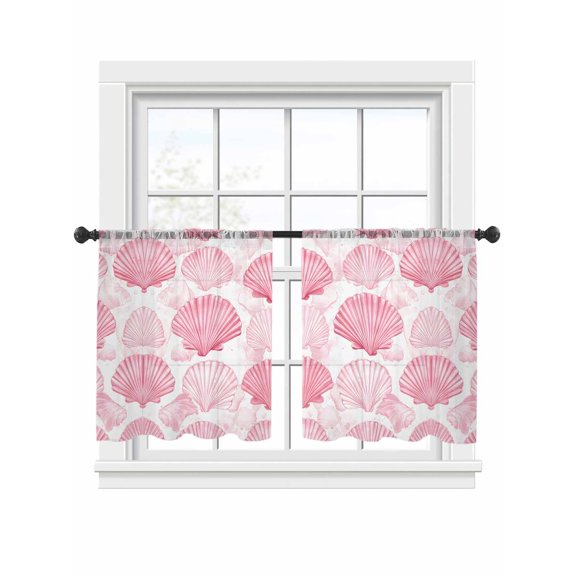 Summer Coastal Sheer Curtains 54 Inch Long 2 Panels, Pink Seashell Light Filtering Rod Pocket Curtains, Sheer Voile Drapes for Living Room Bedroom, 52"x54"