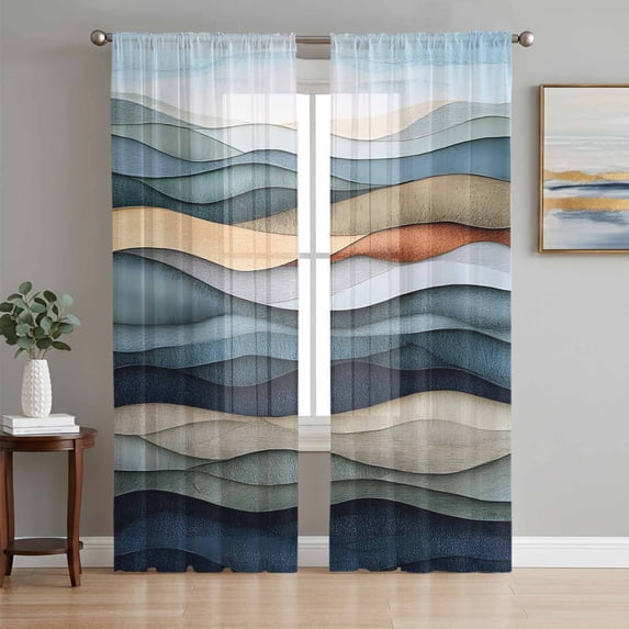 Summer Coastal Sheer Curtains 63 Inch Length 2 Panels Set, Modern Abstract Watercolor Wave Voile Window Treatment Rod Pocket Curtains Sheers Drapes for Bedroom/Living Room/Kitchen 52x"63"x2
