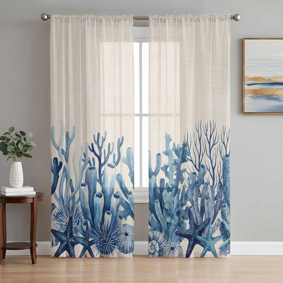 Summer Coastal Sheer Curtains 72 Inch Length 2 Panels Set, Watercolor Ocean Coral Starfish Conch Beige Voile Window Treatment Curtains Sheers Drapes for Bedroom/Living Room/Kitchen 52"x72"x2