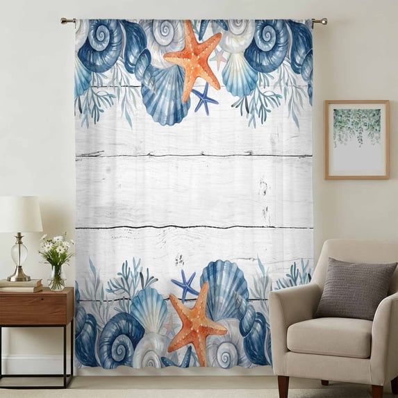 Summer Coastal Sheer Curtains 84 Inches Long, Sea Ocean Starfish Shells Coral Conch Wood Gray Light Filering Curtains, Breathable Simi Curtain Privacy Drapes for Living Room Bedroom Window Treatment