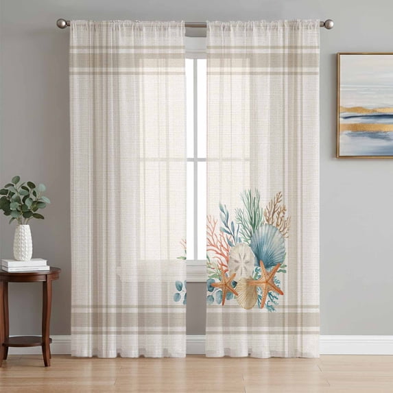 Summer Coastal Sheer Curtains 96 Inch Length 2 Panels Set Window Treatments, Nautical Beach Marine Life Beige Striped Rod Pocket Semi Curtains for Living Room/Bedroom/Kitchen Décor, 104"W x 96"L