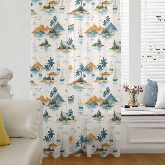 Summer Coastal Sheer Curtains 96 Inch Length, Light Filtering Voile Curtain Panel, Ocean Palm Leaf Sailboat Island Scenery Rod Pocket Drapes Window Treatments for Living Room Bedroom 52"x96"