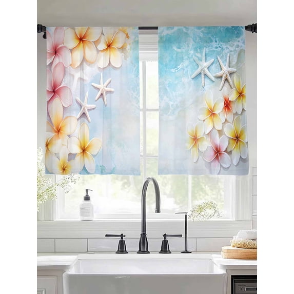 Summer Coastal Sheer Curtains for Living Room Bedroom Ocean Beach Starfish Botanical Flowers Sheer Curtains 45 Inch Long 2 Panels Set Light Filtering Curtain Window Treatments Drapes for Dining Room