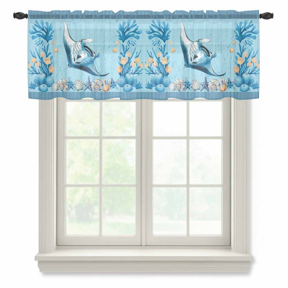 Summer Coastal Sheer Valances for Windows, Ocean Stingray Blue Starfish Nautical Coral Semi Sheer Kitchen Valance Rod Pocket Small Voile Window Curtains for Living Room Bedroom 60 x 18 Inch