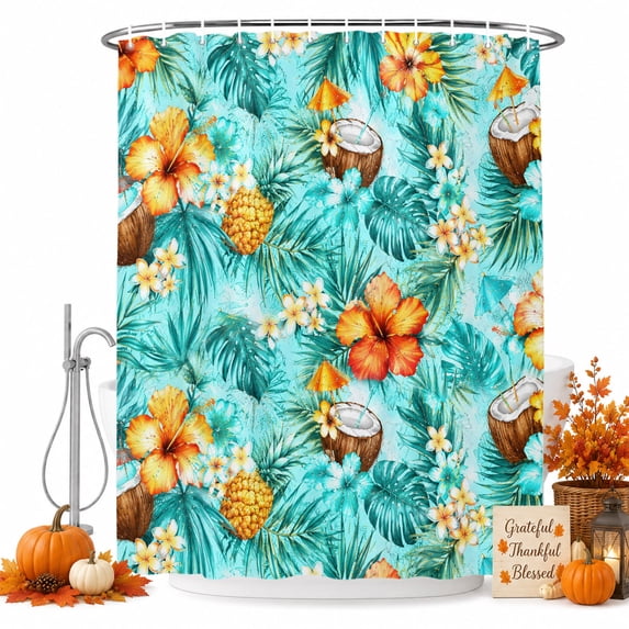 Summer Coastal Shower Curtain, Waterproof Shower Curtains for Bathroom, Tropical Fruits Floral Botanical Watercolor Washable Fabric Bathtub Curtain Set Bath Decor with 12 Hooks Extra Long 72"x96"