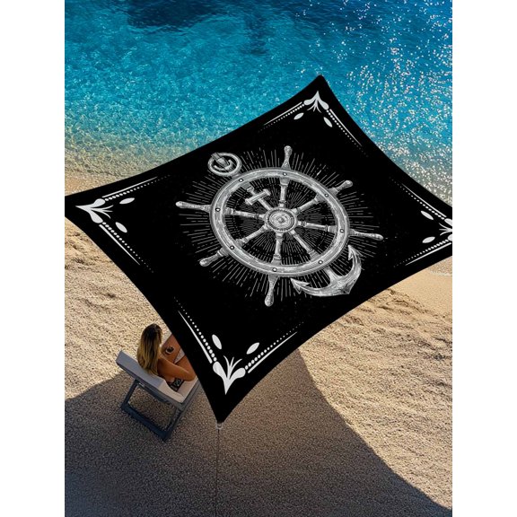 Summer Coastal Sun Shade Sail 6.5' x 10', Modern Casual Simple Ocean Anchor Rudder Black Rectangle Outdoor Sunshade Canopy, Waterproof UV Block Patio Covers for Garden Yard Beach
