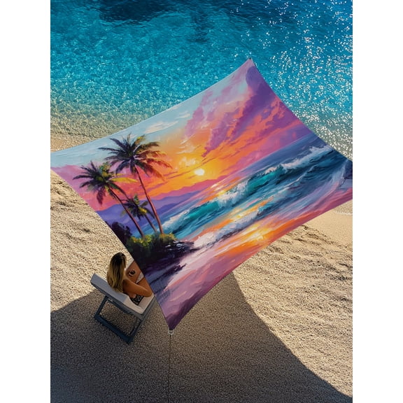 Summer Coastal Sun Shade Sail 6.5' x 10', Tropical Island Palm Trees Sun Beach Rectangle Outdoor Sunshade Canopy, Waterproof UV Block Patio Covers for Garden Yard Beach