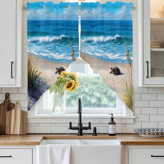 Summer Coastal Swag Curtain Valance for Windows, Sea Turtle Ocean Sea Grass Beach Landscape Window Treatments Short Swag Topper for Kitchen Windows Bathroom Bedroom, 28"x36"