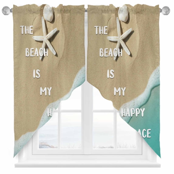 Summer Coastal Swag Curtains Ocean Beach Starfish Wave Brown Green Swag Valances for Kitchen Windows, Window Treatment Topper Curtains for Living Room Bedroom Bathroom, 36" W x 36" L