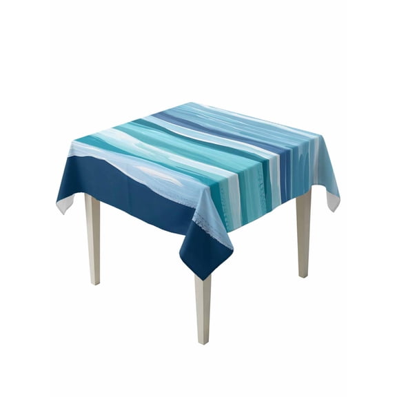 Summer Coastal Table Cloth 60x60 Inch Square, Abstract Ocean Wave Blue Teal Stripes Waterproof Tablecloth Washable Table Cover for Party Picnic Dinner Decor
