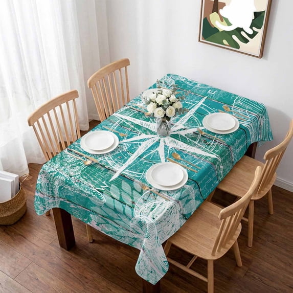 Summer Coastal Table Cloth Waterproof Tablecloths, Ocean Compass Starfish Shell Conch Blue Green Tablecloth Dining Table Cover for Kitchen Party Tabletop Outdoor, Rectangle Tablecloth 60x84 Inch