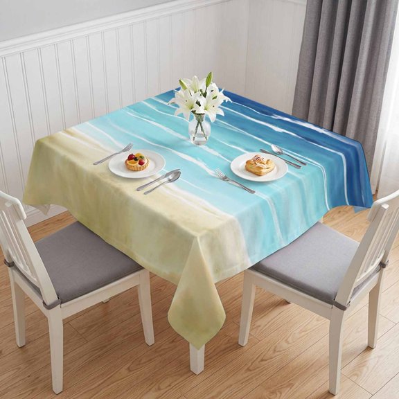 Summer Coastal Table Cloth Waterproof Tablecloths, Turquoise Ombre Beach Ocean Waves Tablecloth Dining Table Cover for Kitchen Party Tabletop Outdoor, Square Tablecloth 54x54 Inch