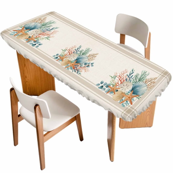 Summer Coastal Table Cloths for 8 Foot Rectangle Tables, Nautical Beach Marine Life Beige Striped Patio Waterproof Elastic Fitted Tablecloths, Washable Rectangular Table Cover for Camping