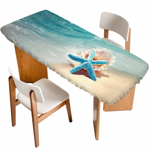 Summer Coastal Table Cloths for 8 Foot Rectangle Tables, Ocean Beach Starfish Blue Beige Patio Waterproof Elastic Fitted Tablecloths, Washable Rectangular Table Cover for Camping