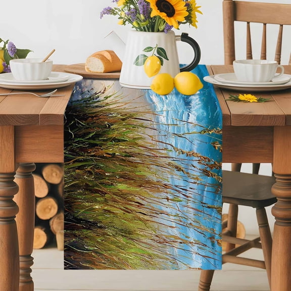 Summer Coastal Table Runner 13x36 Inch Sea Turtle Ocean Sea Grass Beach Landscape Cotton Linen Dining Table Runner Ideal for Dresser Kitchen Coffee Tables - Machine Washable