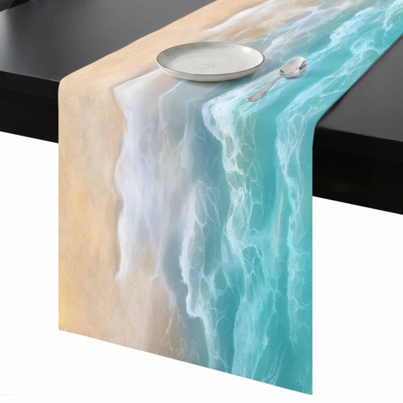 Summer Coastal Table Runner 13x36 Inch Teal Beach Ocean Wave Table Runner Non-Slip Dresser Scarves for Holiday Decorations, Party, Dinner and Gatherings, 1 Pack