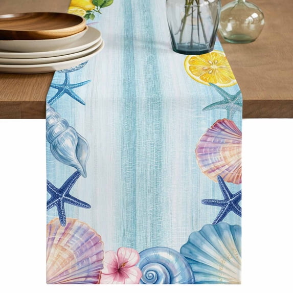 Summer Coastal Table Runner 70 Inches, Ocean Starfish Shell Lemon Flowers Ombre Blue Bed Runner Dresser Scarves Tabletop for Indoor Outdoor Parties/Ceremony/Banquet, 13" x 70"
