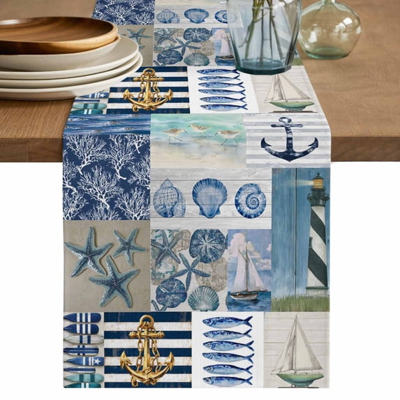 Summer Coastal Table Runner 72 Inches, Nautical Anchor Sailboat Marine Life Vintage Bed Runner Dresser Scarves Tabletop for Indoor Outdoor Parties/Ceremony/Banquet, 14" x 72"