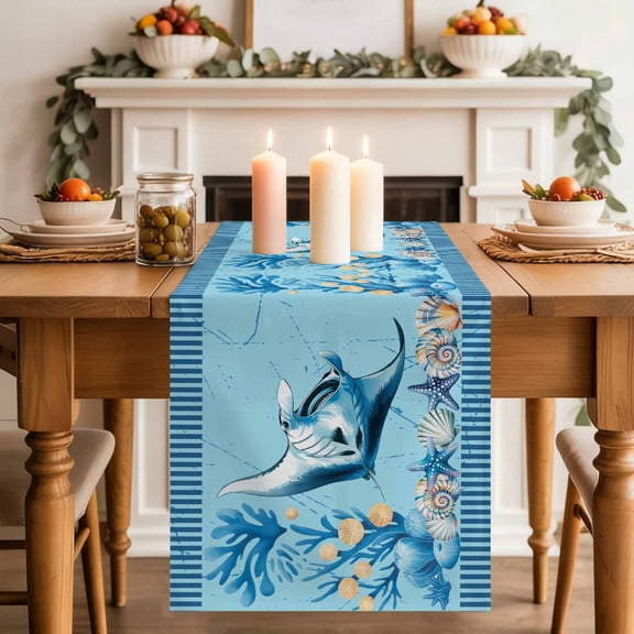 Summer Coastal Table Runner, Ocean Stingray Blue Starfish Nautical Coral Cotton Linen Kitchen Table Decoration Washable Dining Tabletop Runners for Home Party Decor 13x72 Inches