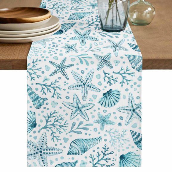 Summer Coastal Table Runner, Tropical Ocean Coral Starfish Conch Aqua Washable Cotton Linen Table Runners 36 Inches Long, Dresser Scarf Runner for Nightstand/End Tables/Round Tables 13''x36''