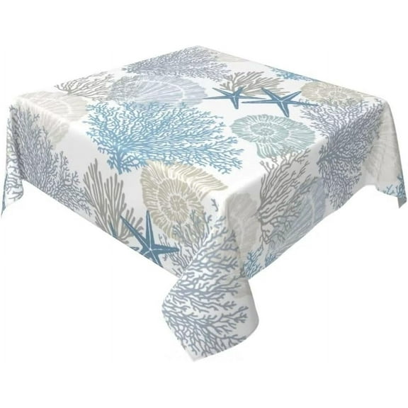 Summer Coastal Tablecloth 60x60 Inch Square Waterproof Rustic Blue Ocean Coral Starfish Seashell Print Table Cloths Fabric Farmhouse Beach Table Cover Decorative for Picnic Party Holiday Home