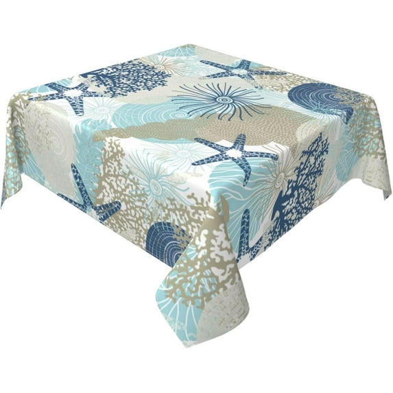 Summer Coastal Tablecloth 70x70 Inch Round Waterproof Rustic Blue Ocean Coral Starfish Seashell Print Table Cloths Fabric Farmhouse Beach Table Cover Decorative for Picnic Party Holiday Home