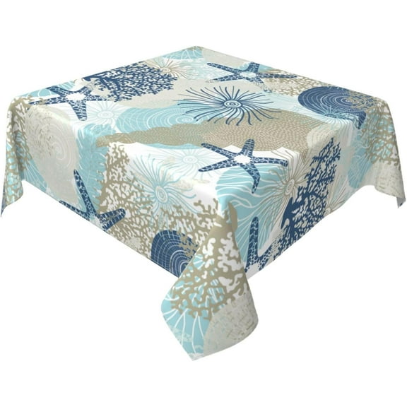 Summer Coastal Tablecloth 70x70 Inch Round Waterproof Rustic Blue Ocean Coral Starfish Seashell Print Table Cloths Fabric Farmhouse Beach Table Cover Decorative for Picnic Party Holiday Home