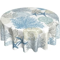 Summer Coastal Tablecloth Round 60 Inch Blue Nautical Coral Starfish Table Cloth Farmhouse Waterproof Wrinkle Resistant Polyester Tropical Beach Circle Table Clothes Holiday Home Party Picnic Decor