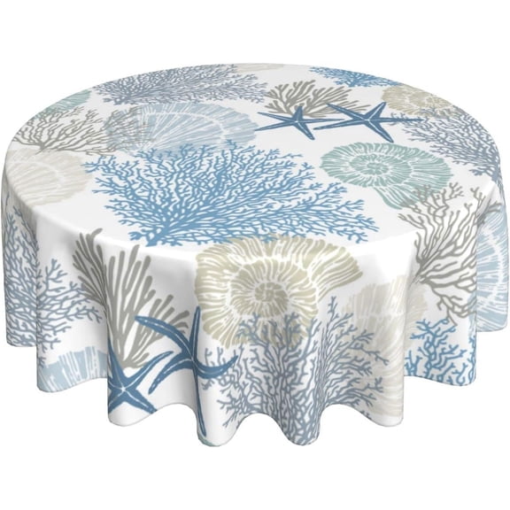 Summer Coastal Tablecloth Round 60 Inch Blue Nautical Coral Starfish Table Cloth Farmhouse Waterproof Wrinkle Resistant Polyester Tropical Beach Circle Table Clothes Holiday Home Party Picnic Decor