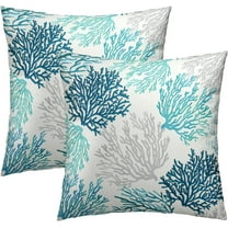 Summer Coastal Throw Pillow Cover 18x18 inch Set of 2, Teal Blue Coral Beach Ocean Themed Decorative Cushion Covers for Home Couch Bed Sofa Farmhouse Decoration