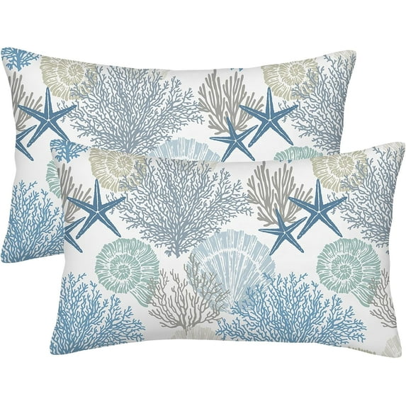 Summer Coastal Throw Pillow Covers 12x20 Inch Outdoor Decorative, Nautical Beach Ocean Themed Throw Pillows Blue Starfish Coral Pillowcase Farmhouse Lumbar Cushion Cover for Home Couch Bed, Set of 2