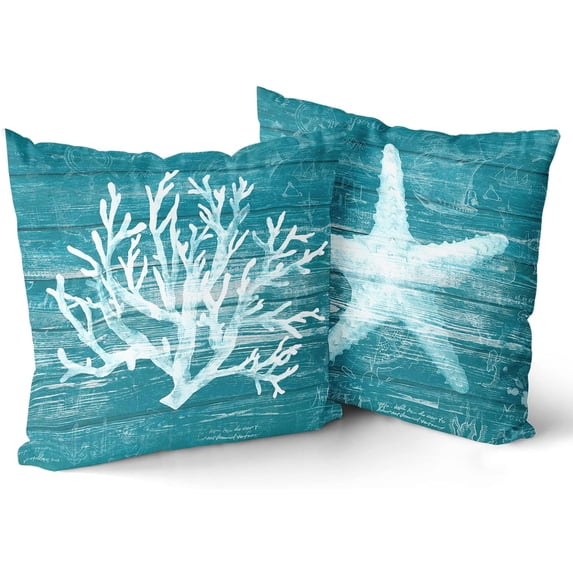 Summer Coastal Throw Pillow Covers 18x18 Set of 2, Ocean Sea Starfish Coral Pillowcases for Couch Home Living Room Decor, Reversible Teal Blue Wooden Plank Decorative Throw Cushion Case for Sofa