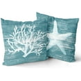 thumbnail image 1 of Summer Coral Throw Pillow Covers 18x18 inch,Retro Turquoise Wooden Plank Sea Star Nautical Pillows Cases, Beach Coastal Blue Decorative Pillowcase Room Decor Home Sofa Bed Set of 2, 1 of 6