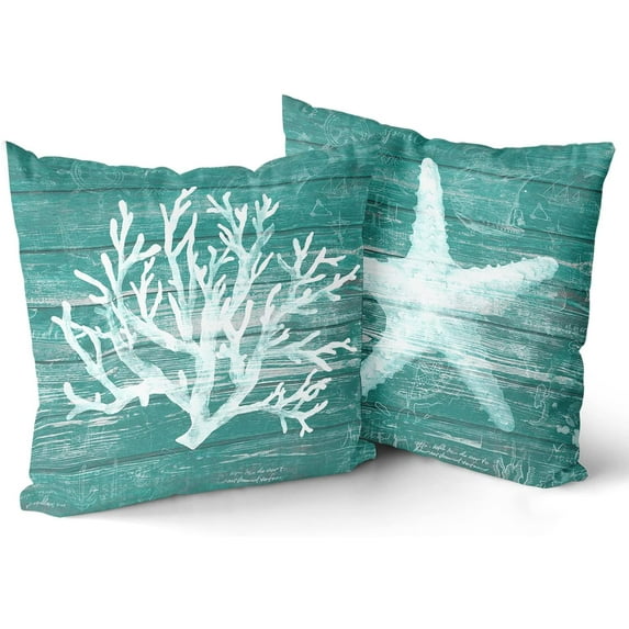 Summer Coastal Throw Pillow Covers Marine Sea World Corals Starfish and Turquoise Green Plank Pillow Case 16x16 Inch Decorative Cotton Square Cushion for Home Couch Bed